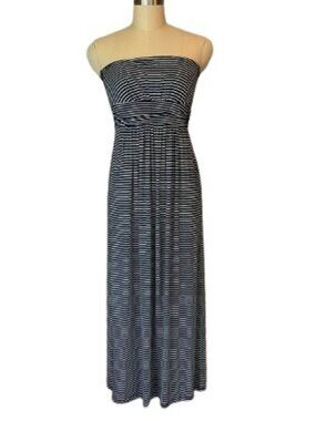 Loila Navy & White Strapless Strip Maxi Dress